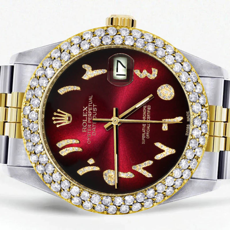 Diamond Gold Rolex Watch For Men 16233 | 36Mm | Red Black Arabic Diamond Dial | Two Row 4.25 Carat Bezel | Jubilee Band