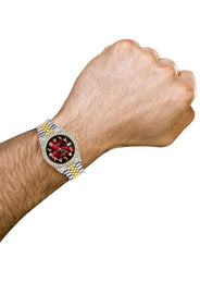 Diamond Gold Rolex Watch For Men 16233 | 36Mm | Red Black Arabic Diamond Dial | Two Row 4.25 Carat Bezel | Jubilee Band