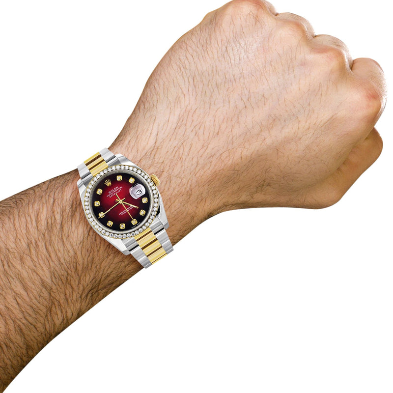 116233 | Diamond Gold Rolex Watch For Men | 36Mm | Red Black Dial | Oyster Band
