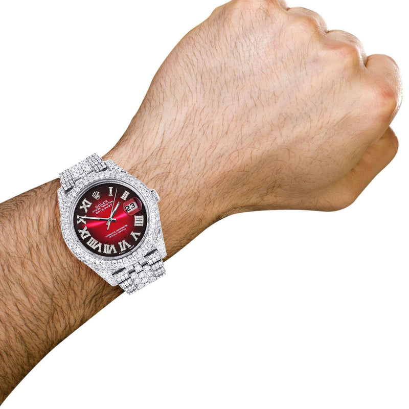 Diamond Iced Out Rolex Datejust 41 | 25 Carats Of Diamonds | Custom Red Black Roman Numeral Dial | Two Row | Jubilee Band