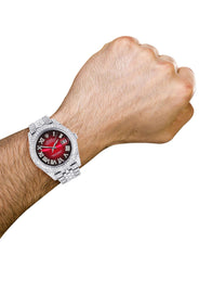 Diamond Iced Out Rolex Datejust 41 | 25 Carats Of Diamonds | Custom Red Black Roman Numeral Dial | Two Row | Jubilee Band