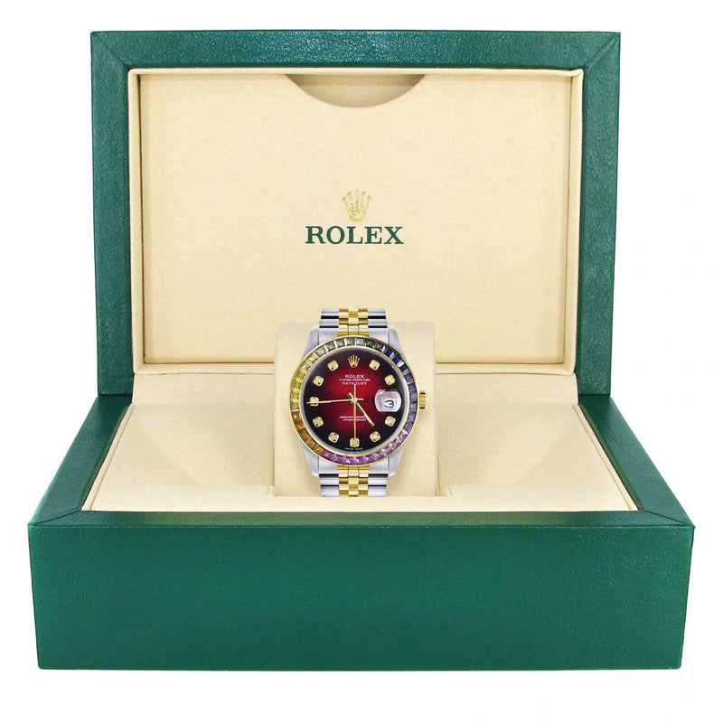 Diamond Gold Rolex Watch For Men 16233 | 36Mm | Rainbow Sapphire Bezel | Red Black Dial | Jubilee Band