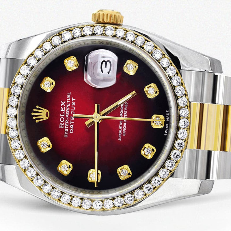 116233 | Diamond Gold Rolex Watch For Men | 36Mm | Red Black Dial | Oyster Band