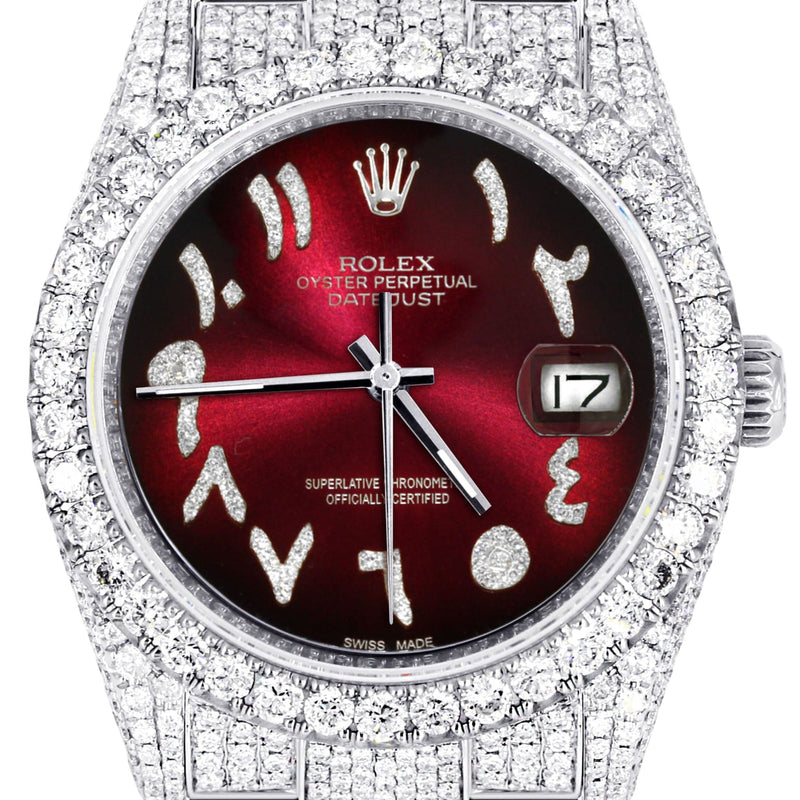 Iced Out Rolex Datejust 36 MM | Stainless Steel | 16.5 Carats of Diamonds | Red Black Arabic Diamond Dial | Oyster Band | Model 116200