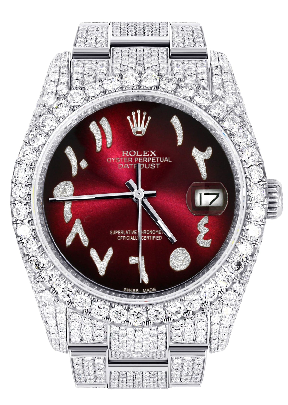 Iced Out Rolex Datejust 36 MM | Stainless Steel | 16.5 Carats of Diamonds | Red Black Arabic Diamond Dial | Oyster Band | Model 116200