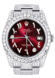Iced Out Rolex Datejust 36 MM | Stainless Steel | 16.5 Carats of Diamonds | Red Black Arabic Diamond Dial | Oyster Band | Model 116200