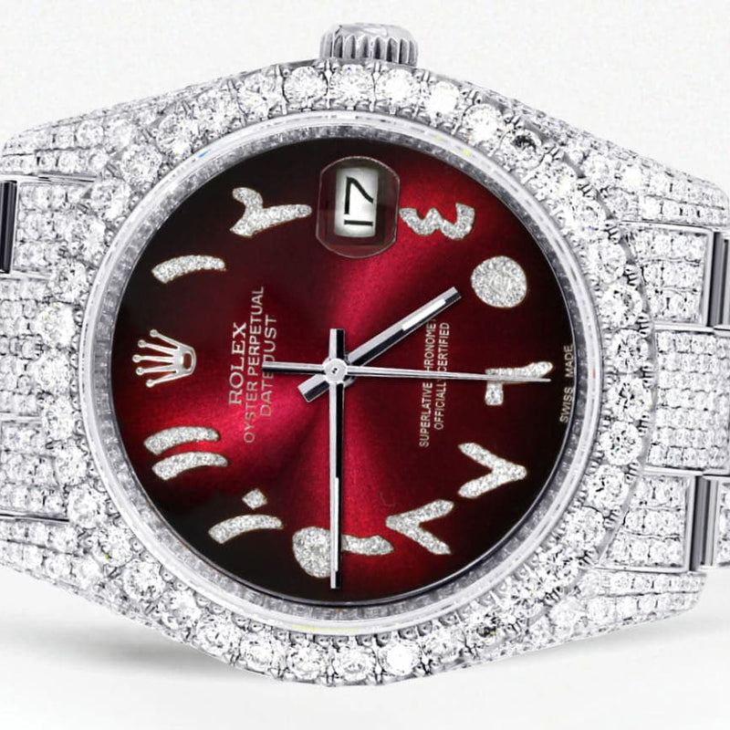 Iced Out Rolex Datejust 36 MM | Stainless Steel | 16.5 Carats of Diamonds | Red Black Arabic Diamond Dial | Oyster Band | Model 116200