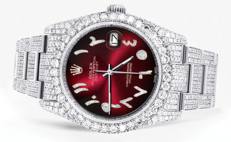 Iced Out Rolex Datejust 36 MM | Stainless Steel | 16.5 Carats of Diamonds | Red Black Arabic Diamond Dial | Oyster Band | Model 116200