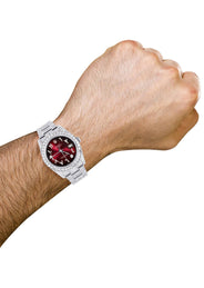 Iced Out Rolex Datejust 36 MM | Stainless Steel | 16.5 Carats of Diamonds | Red Black Arabic Diamond Dial | Oyster Band | Model 116200