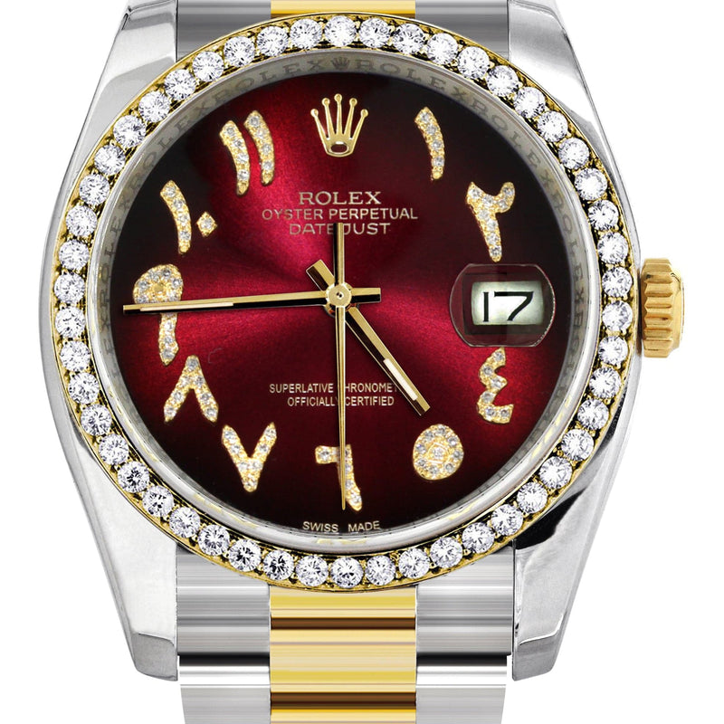 116233 | Gold & Steel Rolex Datejust Watch | 36Mm | Red Black Arabic Diamond Dial | Oyster Band