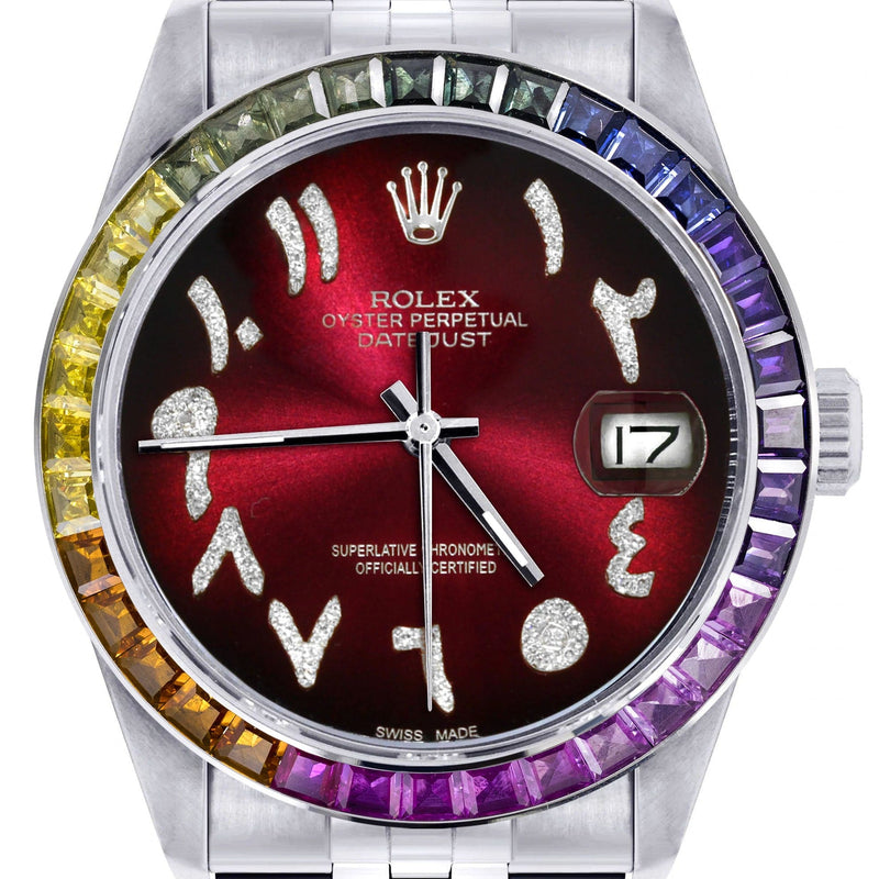 Diamond Gold Rolex Watch For Men 16200 | 36Mm | Rainbow Sapphire Bezel | Red Black Arabic Numeral Dial | Jubilee Band