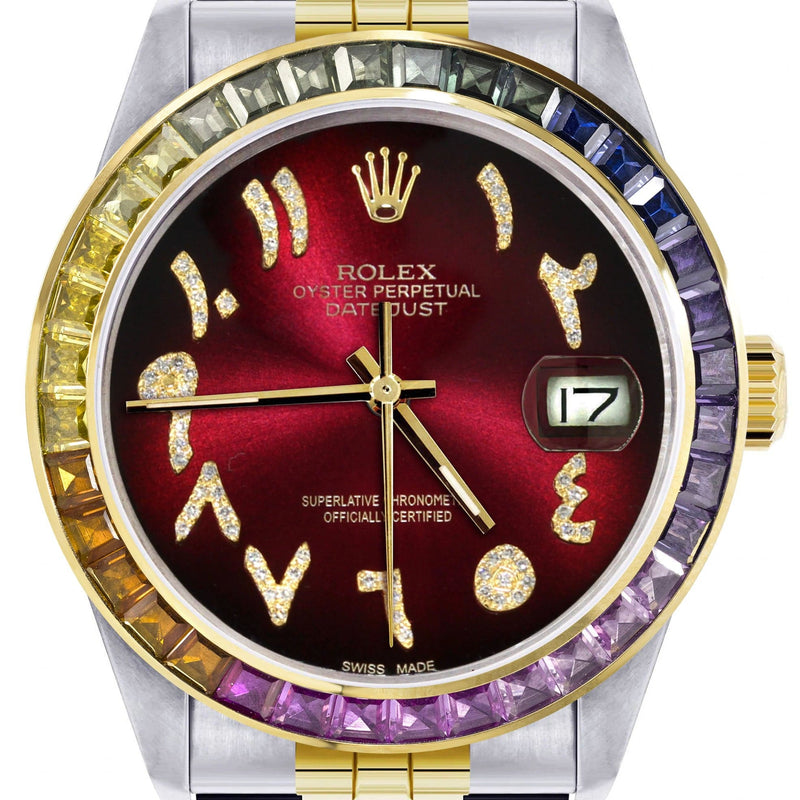Diamond Gold Rolex Watch For Men 16233 | 36Mm | Rainbow Sapphire Bezel | Diamond Red Arabic Numeral Dial | Jubilee Band