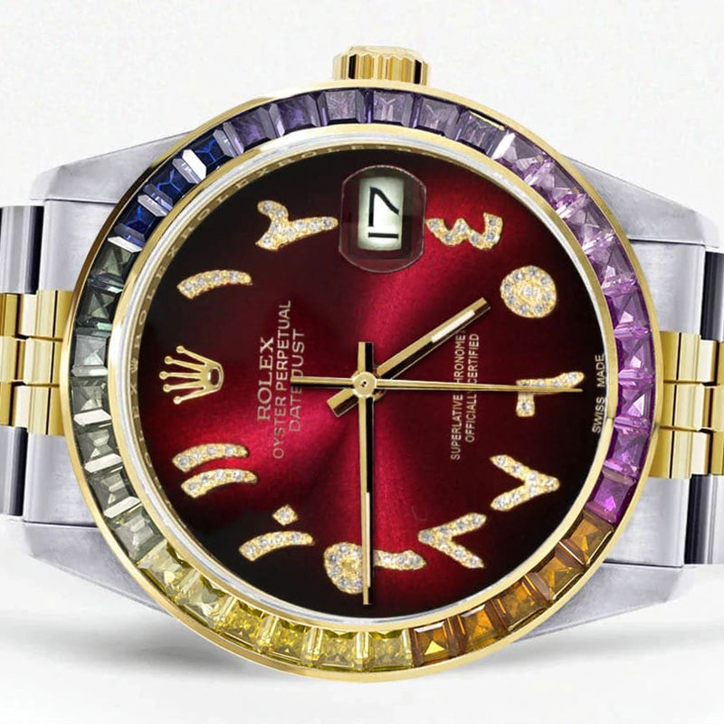 Diamond Gold Rolex Watch For Men 16233 | 36Mm | Rainbow Sapphire Bezel | Diamond Red Arabic Numeral Dial | Jubilee Band