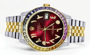 Diamond Gold Rolex Watch For Men 16233 | 36Mm | Rainbow Sapphire Bezel | Diamond Red Arabic Numeral Dial | Jubilee Band