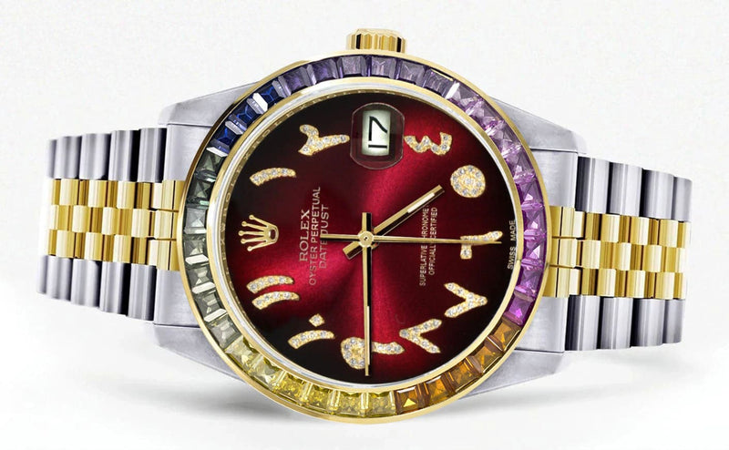 Diamond Gold Rolex Watch For Men 16233 | 36Mm | Rainbow Sapphire Bezel | Diamond Red Arabic Numeral Dial | Jubilee Band