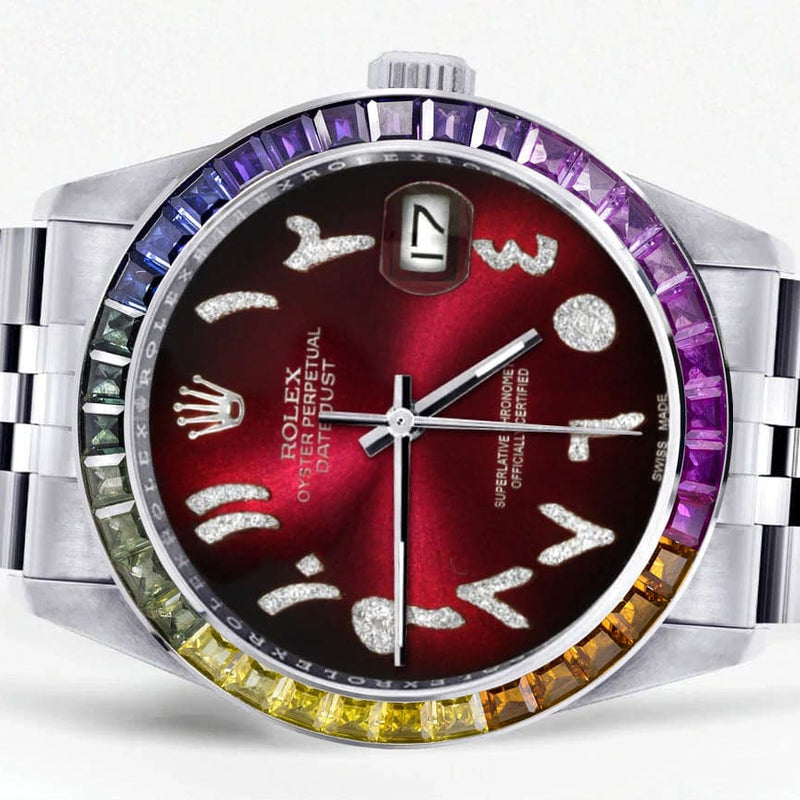 Diamond Gold Rolex Watch For Men 16200 | 36Mm | Rainbow Sapphire Bezel | Red Black Arabic Numeral Dial | Jubilee Band