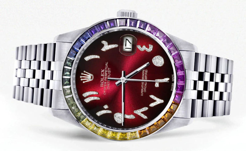 Diamond Gold Rolex Watch For Men 16200 | 36Mm | Rainbow Sapphire Bezel | Red Black Arabic Numeral Dial | Jubilee Band