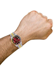Diamond Gold Rolex Watch For Men 16233 | 36Mm | Rainbow Sapphire Bezel | Diamond Red Arabic Numeral Dial | Jubilee Band