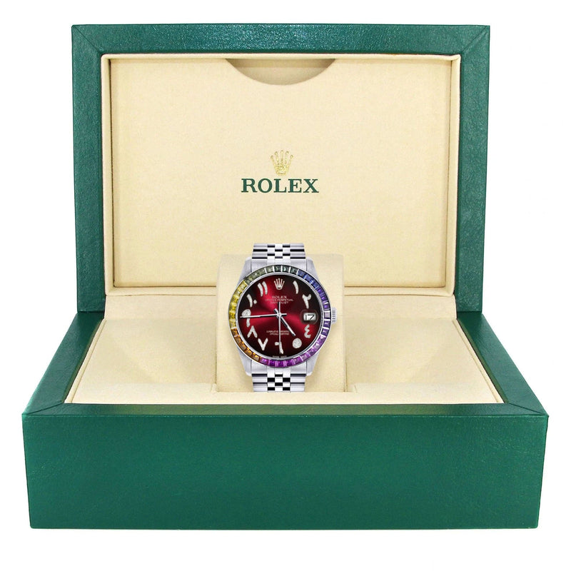 Diamond Gold Rolex Watch For Men 16200 | 36Mm | Rainbow Sapphire Bezel | Red Black Arabic Numeral Dial | Jubilee Band