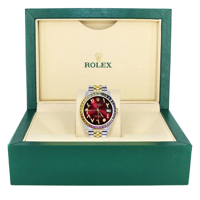 Diamond Gold Rolex Watch For Men 16233 | 36Mm | Rainbow Sapphire Bezel | Diamond Red Arabic Numeral Dial | Jubilee Band