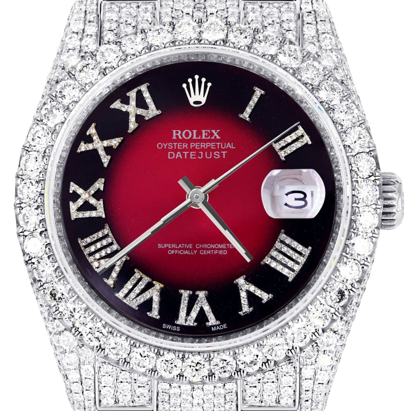 Iced Out Rolex Datejust 36 MM | Stainless Steel | 16.5 Carats of Diamonds | Red Black Roman Diamond Dial | Oyster Band | Model 116200