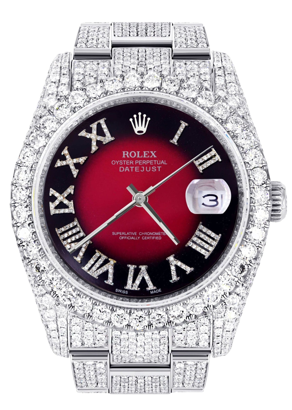 Iced Out Rolex Datejust 36 MM | Stainless Steel | 16.5 Carats of Diamonds | Red Black Roman Diamond Dial | Oyster Band | Model 116200