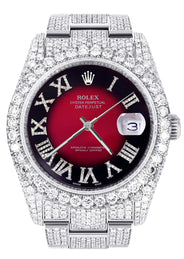 Iced Out Rolex Datejust 36 MM | Stainless Steel | 16.5 Carats of Diamonds | Red Black Roman Diamond Dial | Oyster Band | Model 116200