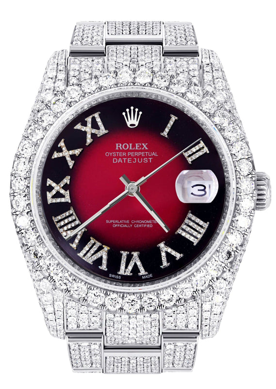 Iced Out Rolex Datejust 36 MM | Stainless Steel | 16.5 Carats of Diamonds | Red Black Roman Diamond Dial | Oyster Band | Model 116200