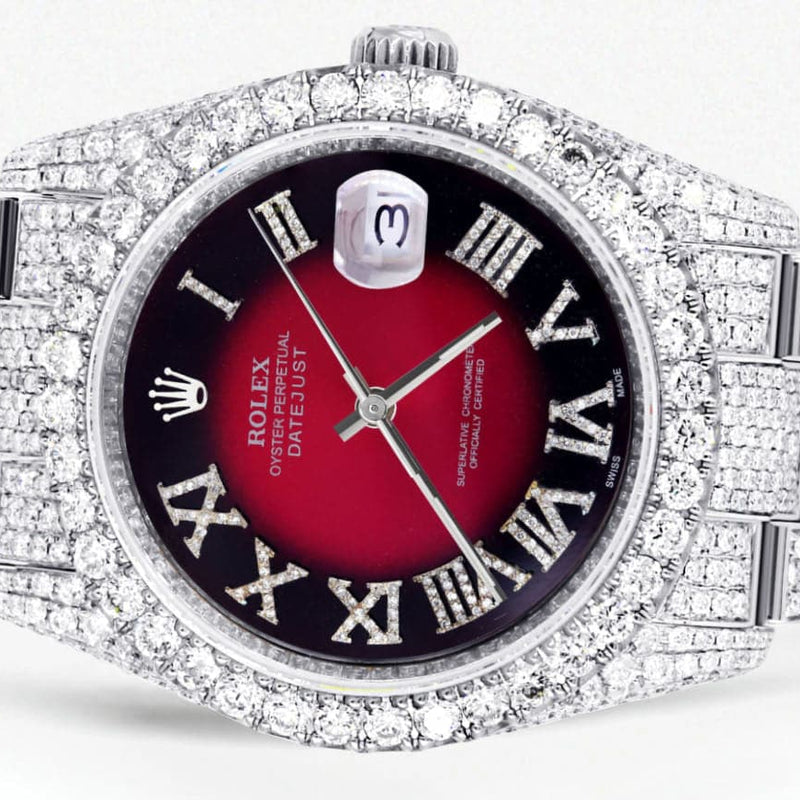 Iced Out Rolex Datejust 36 MM | Stainless Steel | 16.5 Carats of Diamonds | Red Black Roman Diamond Dial | Oyster Band | Model 116200