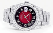 Iced Out Rolex Datejust 36 MM | Stainless Steel | 16.5 Carats of Diamonds | Red Black Roman Diamond Dial | Oyster Band | Model 116200