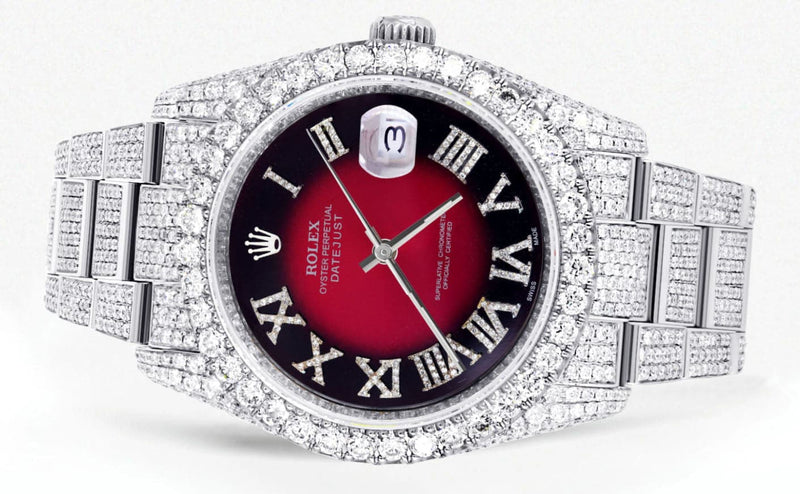 Iced Out Rolex Datejust 36 MM | Stainless Steel | 16.5 Carats of Diamonds | Red Black Roman Diamond Dial | Oyster Band | Model 116200