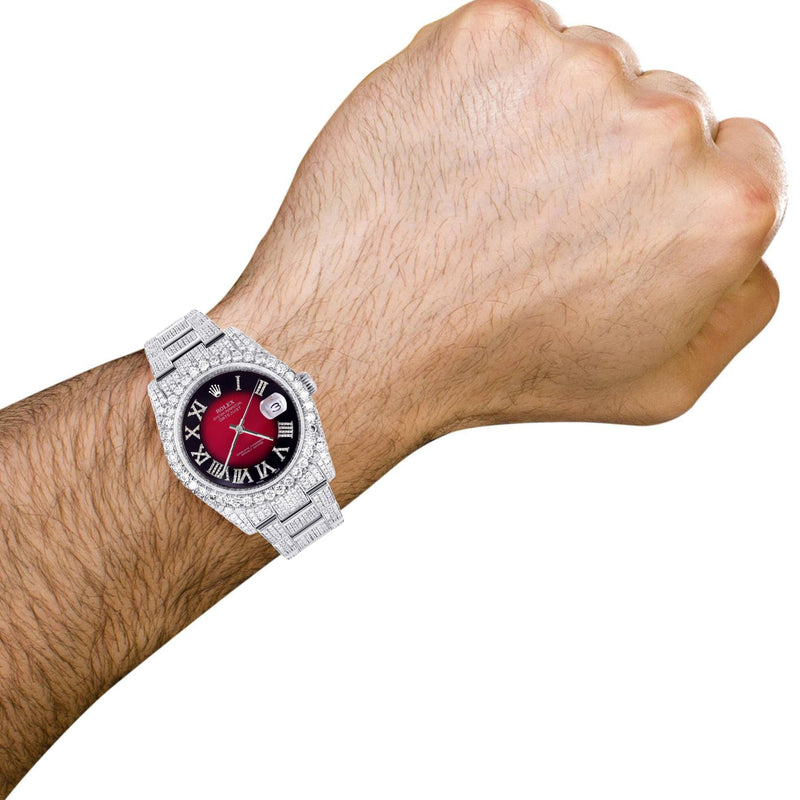 Iced Out Rolex Datejust 36 MM | Stainless Steel | 16.5 Carats of Diamonds | Red Black Roman Diamond Dial | Oyster Band | Model 116200