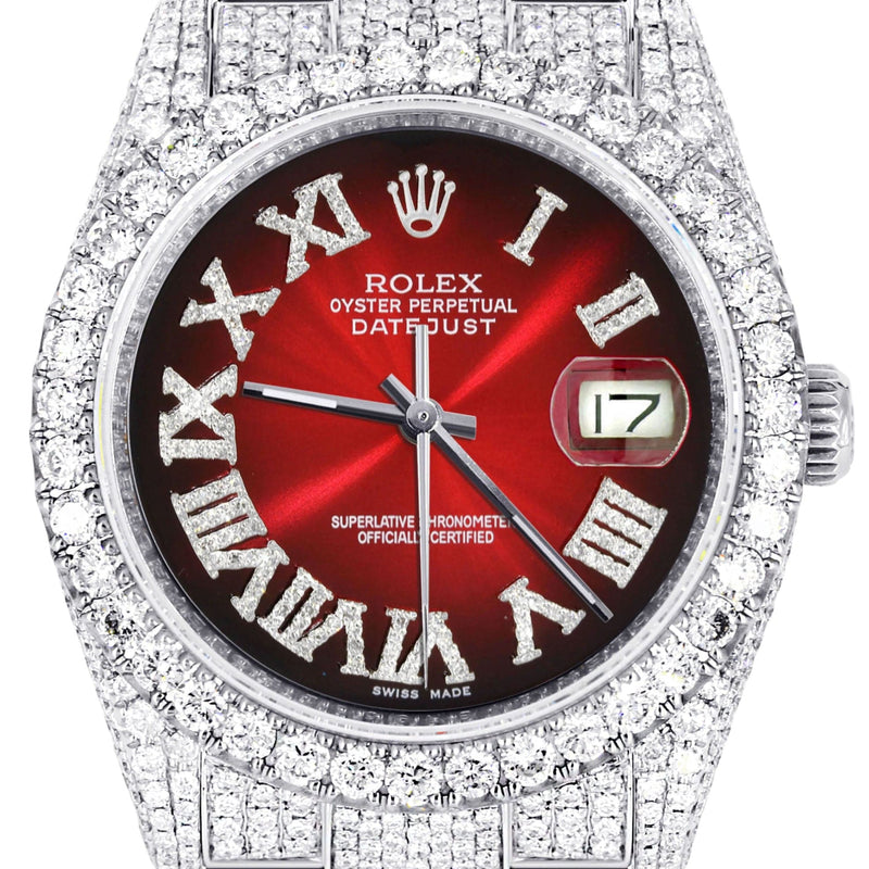 Iced Out Rolex Datejust 36 MM | Stainless Steel | 16.5 Carats of Diamonds | Red Black Roman Diamond Dial | Oyster Band | Model 116200
