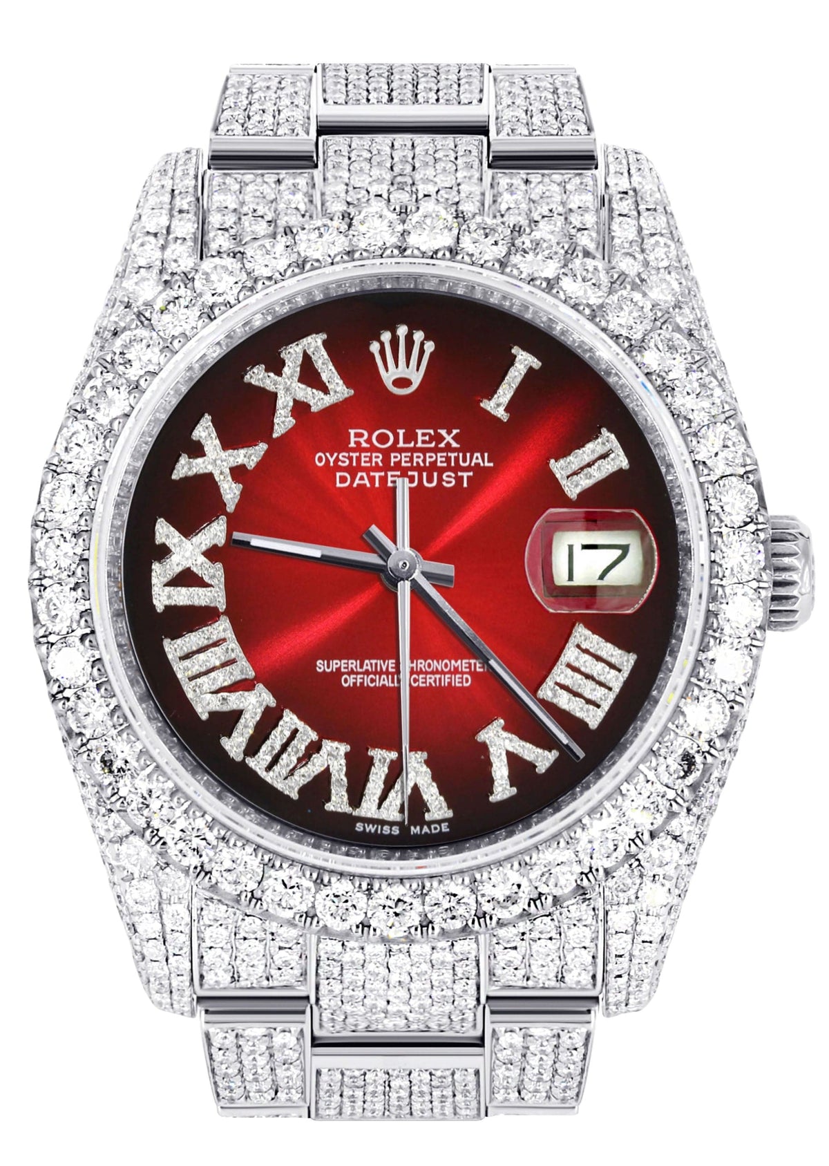 Iced Out Rolex Datejust 36 MM | Stainless Steel | 16.5 Carats of Diamonds | Red Black Roman Diamond Dial | Oyster Band | Model 116200