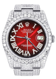 Iced Out Rolex Datejust 36 MM | Stainless Steel | 16.5 Carats of Diamonds | Red Black Roman Diamond Dial | Oyster Band | Model 116200
