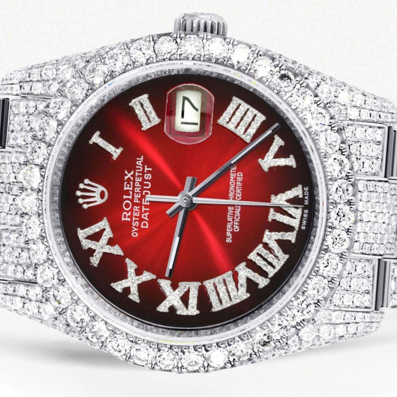 Iced Out Rolex Datejust 36 MM | Stainless Steel | 16.5 Carats of Diamonds | Red Black Roman Diamond Dial | Oyster Band | Model 116200