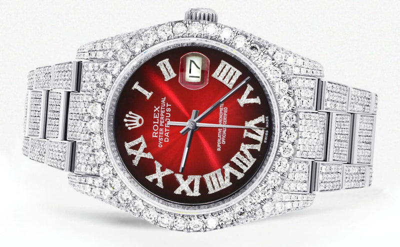 Iced Out Rolex Datejust 36 MM | Stainless Steel | 16.5 Carats of Diamonds | Red Black Roman Diamond Dial | Oyster Band | Model 116200