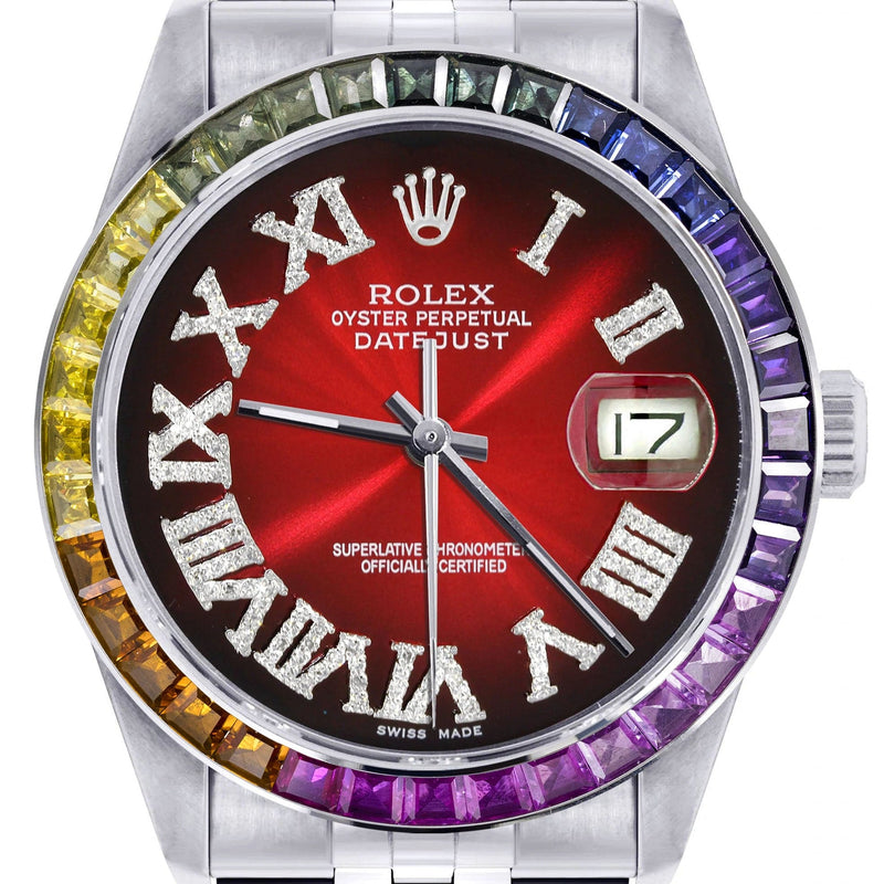 Diamond Gold Rolex Watch For Men 16200 | 36Mm | Rainbow Sapphire Bezel | Red Black Roman Numeral Dial | Jubilee Band
