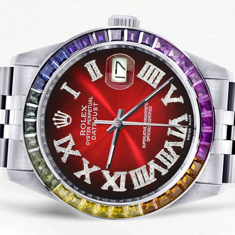 Diamond Gold Rolex Watch For Men 16200 | 36Mm | Rainbow Sapphire Bezel | Red Black Roman Numeral Dial | Jubilee Band