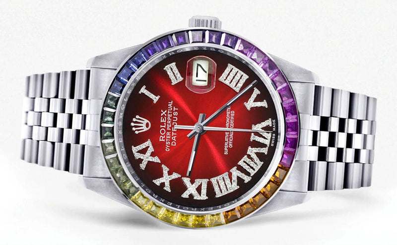 Diamond Gold Rolex Watch For Men 16200 | 36Mm | Rainbow Sapphire Bezel | Red Black Roman Numeral Dial | Jubilee Band