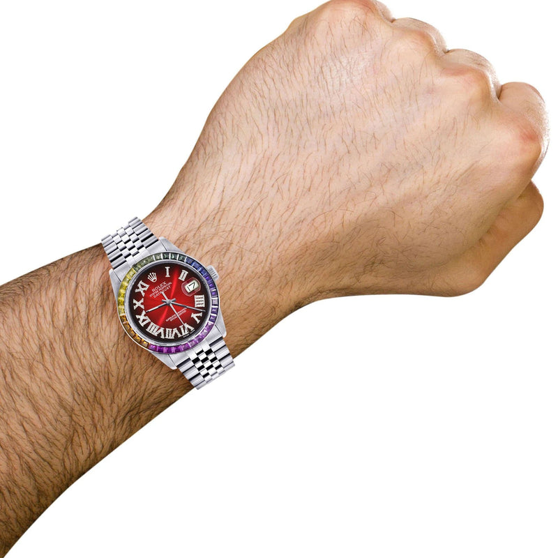 Diamond Gold Rolex Watch For Men 16200 | 36Mm | Rainbow Sapphire Bezel | Red Black Roman Numeral Dial | Jubilee Band