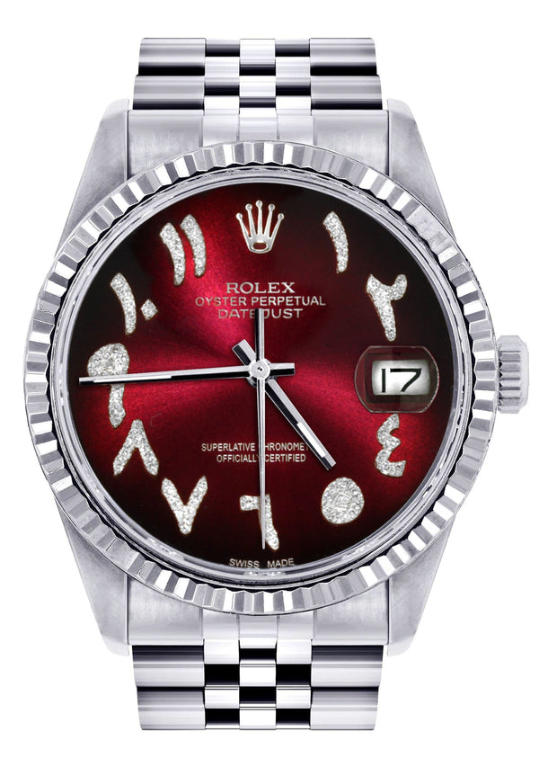 Mens Rolex Datejust Watch 16200 | Fluted Bezel | 36Mm | Red Black Arabic Dial | Jubilee Band