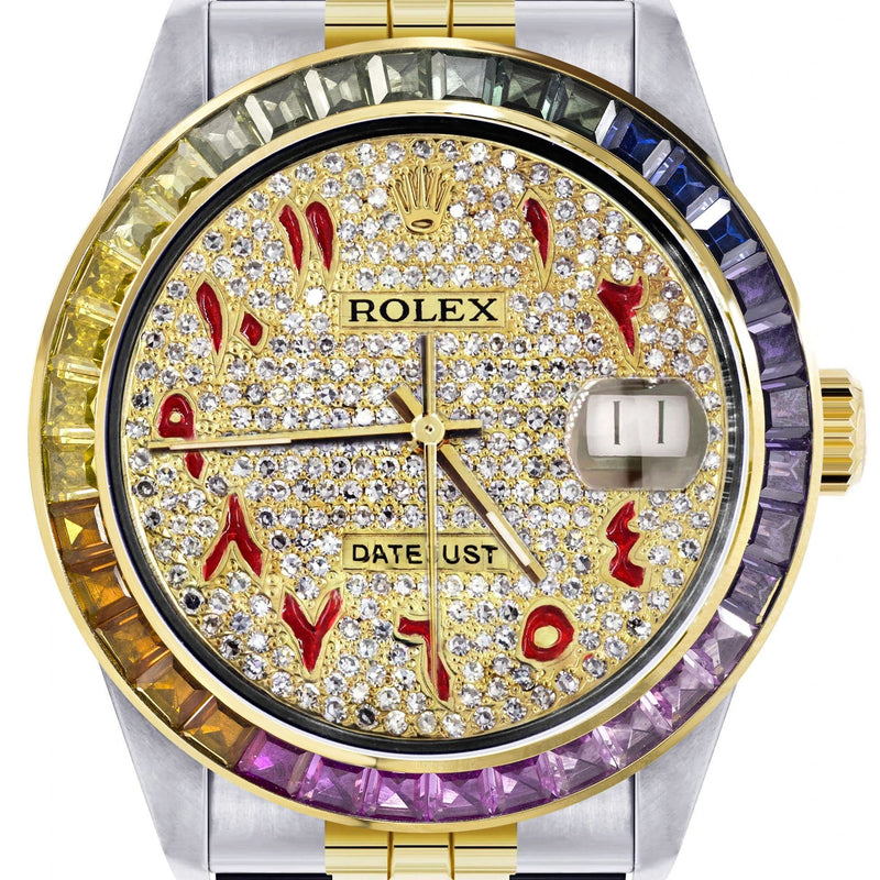 Diamond Gold Rolex Watch For Men 16233 | 36Mm | Rainbow Sapphire Bezel | Iced Out Red Arabic Numeral Dial | Jubilee Band