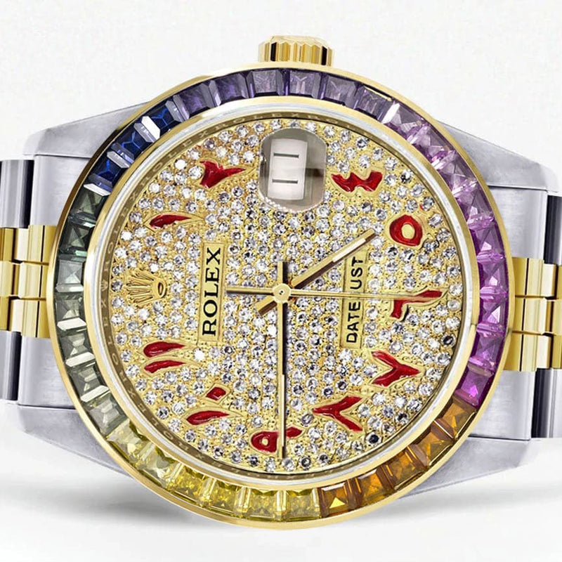 Diamond Gold Rolex Watch For Men 16233 | 36Mm | Rainbow Sapphire Bezel | Iced Out Red Arabic Numeral Dial | Jubilee Band