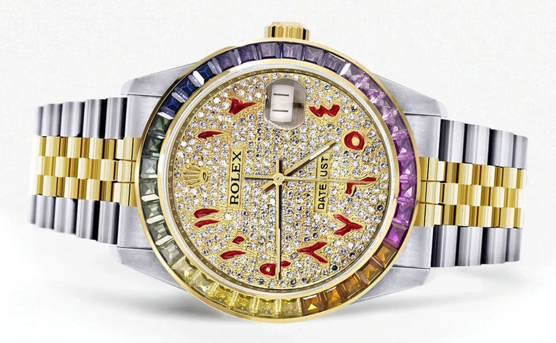 Diamond Gold Rolex Watch For Men 16233 | 36Mm | Rainbow Sapphire Bezel | Iced Out Red Arabic Numeral Dial | Jubilee Band