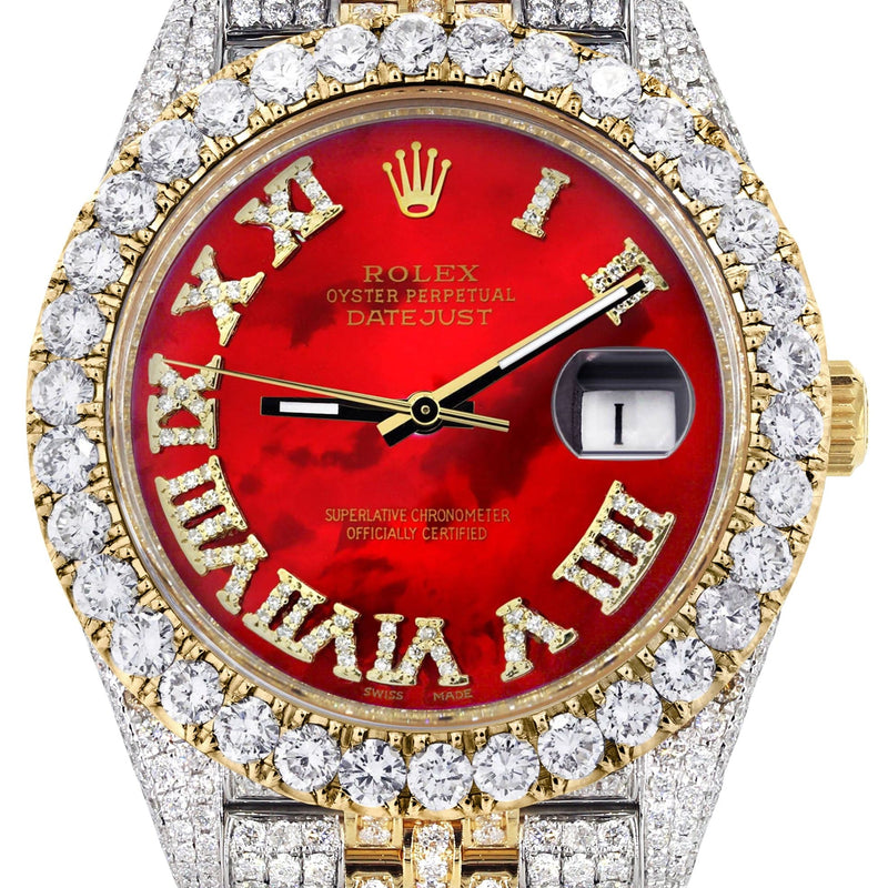 Diamond Iced Out Rolex Datejust 41 | 25 Carats Of Diamonds | Custom Red Mother of Pearl Roman Numeral Diamond Dial | Two Tone | Jubilee Band