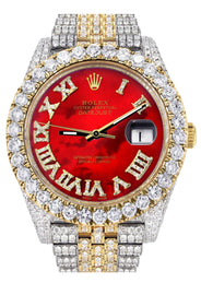 Diamond Iced Out Rolex Datejust 41 | 25 Carats Of Diamonds | Custom Red Mother of Pearl Roman Numeral Diamond Dial | Two Tone | Jubilee Band
