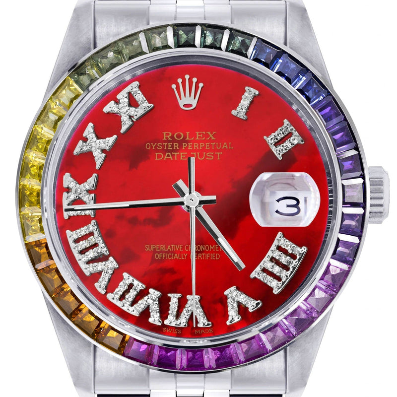Diamond Gold Rolex Watch For Men 16200 | 36Mm | Rainbow Sapphire Bezel | Red Pearl Roman Numeral Dial | Jubilee Band