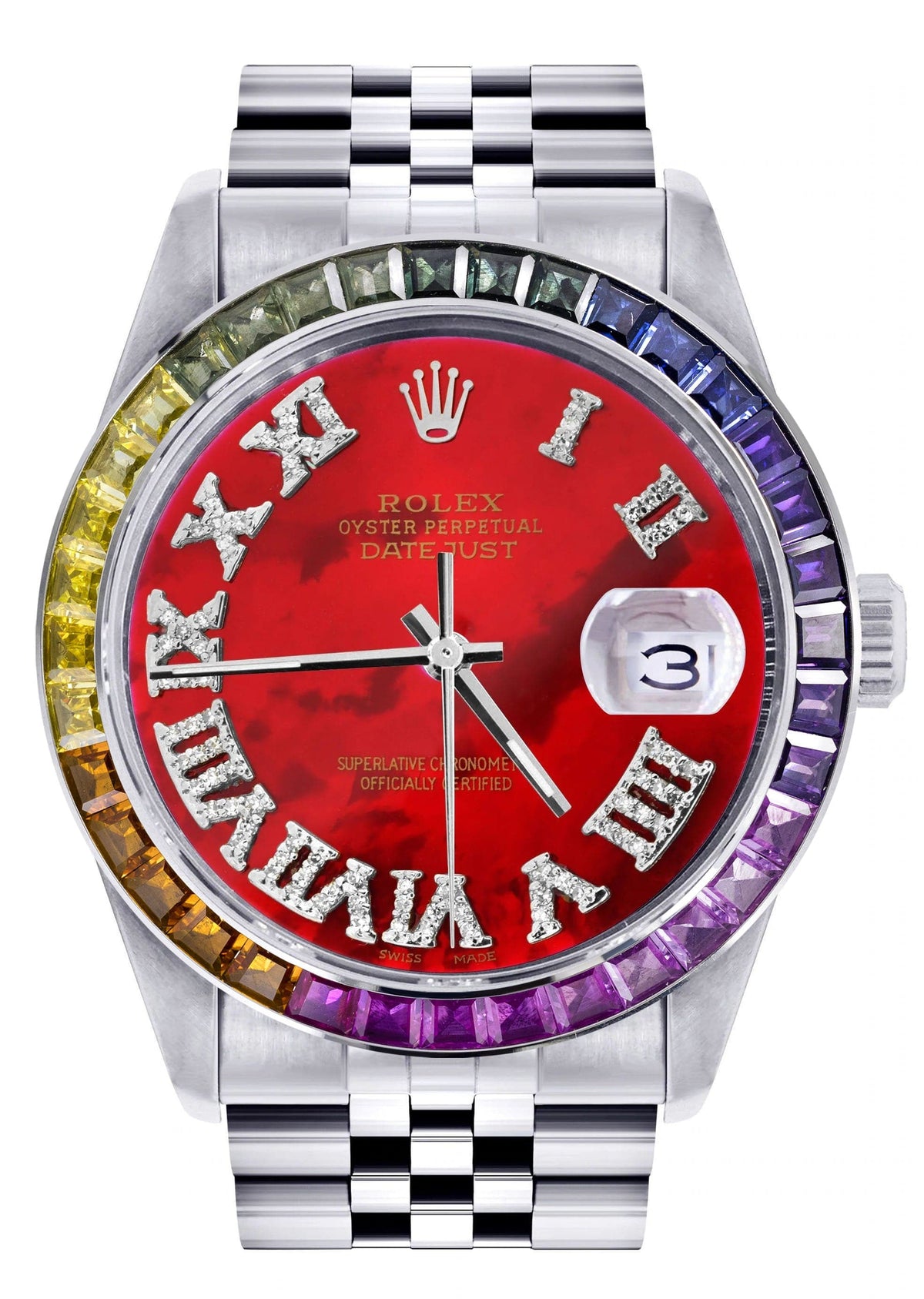 Diamond Gold Rolex Watch For Men 16200 | 36Mm | Rainbow Sapphire Bezel | Red Pearl Roman Numeral Dial | Jubilee Band
