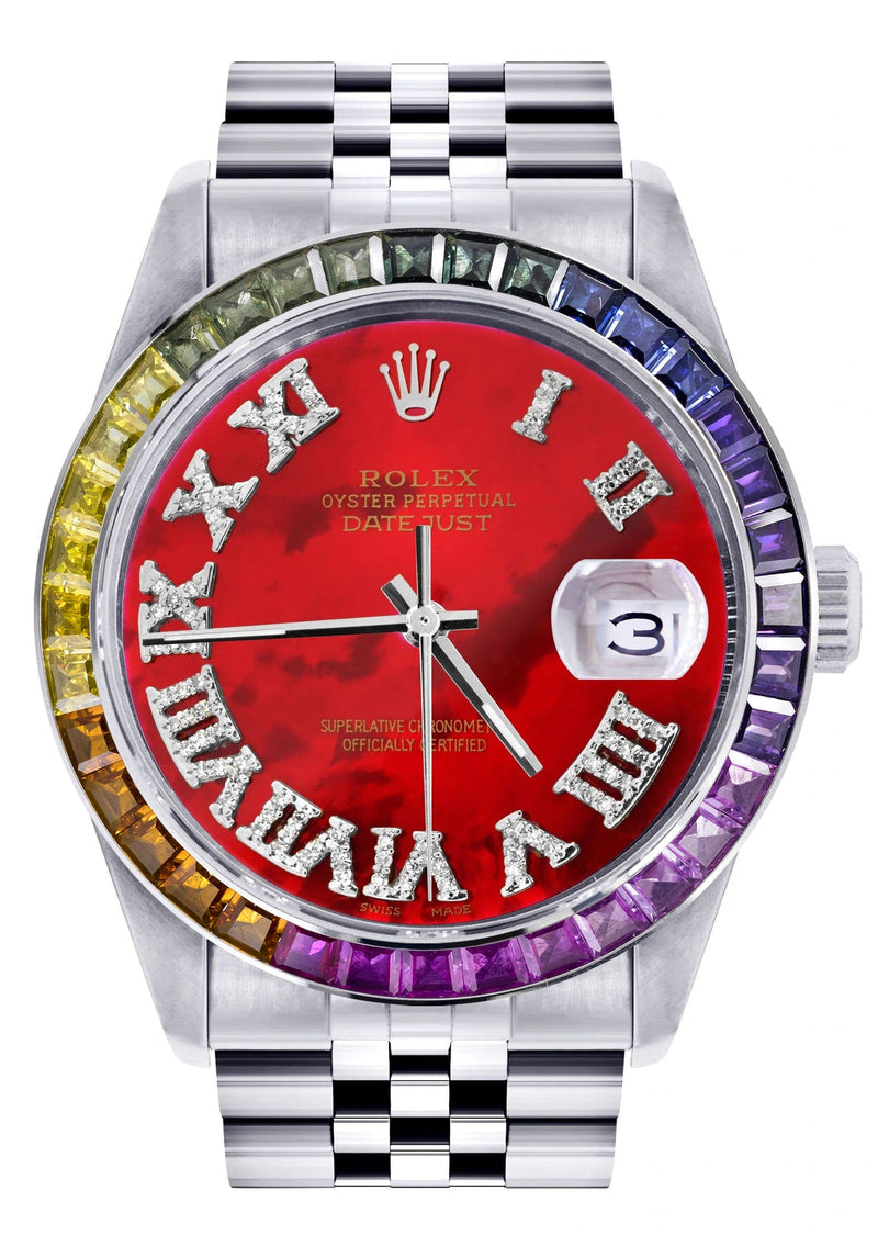 Diamond Gold Rolex Watch For Men 16200 | 36Mm | Rainbow Sapphire Bezel | Red Pearl Roman Numeral Dial | Jubilee Band